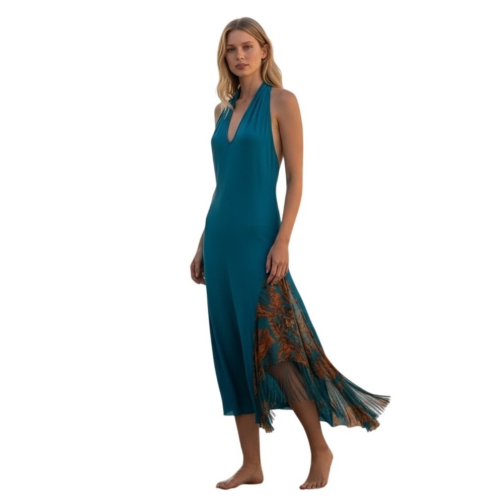 VERSACE ATELIER Haute Couture Runway Teal Blue Halter Medusa Dress 90's Y2K RARE